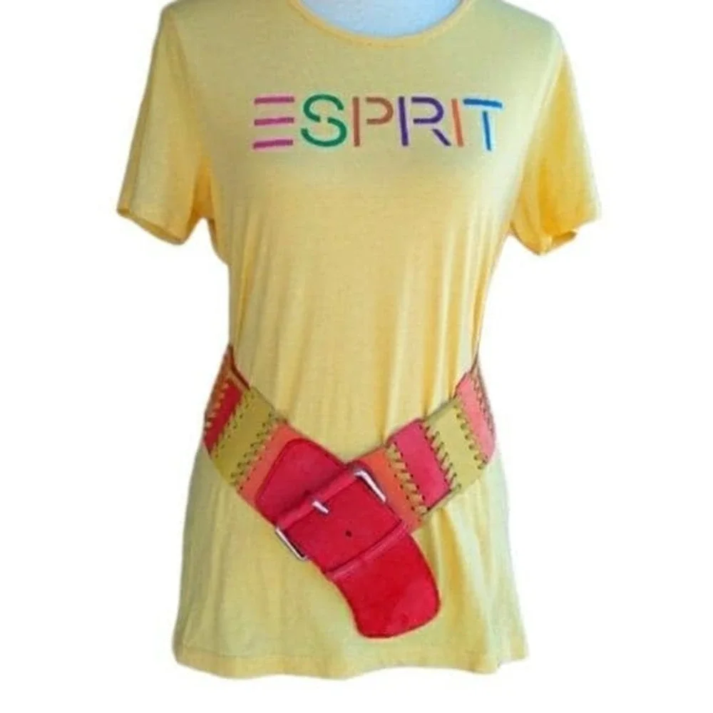 Vintage 80s Adolfo Wide Leather Whipstitch Colorblock Waist Belt Red Pink Yellow